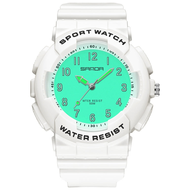 White strap round sporty waterproof watch with green luminous dial and metal crown