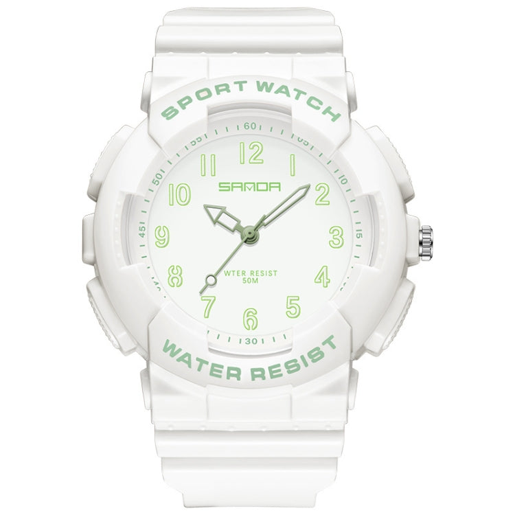 White strap round sporty waterproof watch with light-green luminous dial