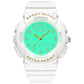 White strap round sporty waterproof watch with teal luminous dial and gold hands
