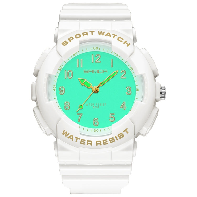 White strap round sporty waterproof watch with teal luminous dial and gold hands
