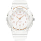 White strap round sporty waterproof watch with pink luminous dial and orange hands