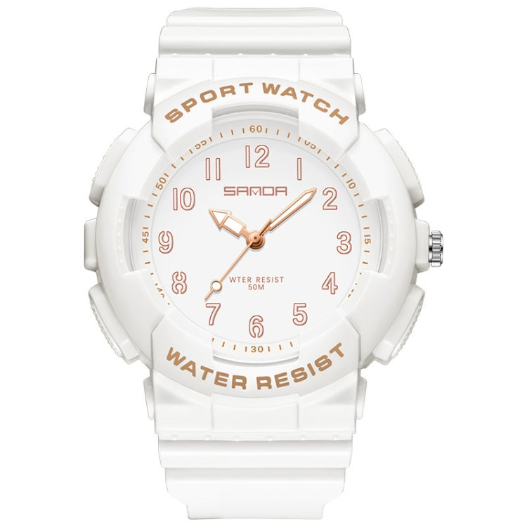 White strap round sporty waterproof watch with pink luminous dial and orange hands