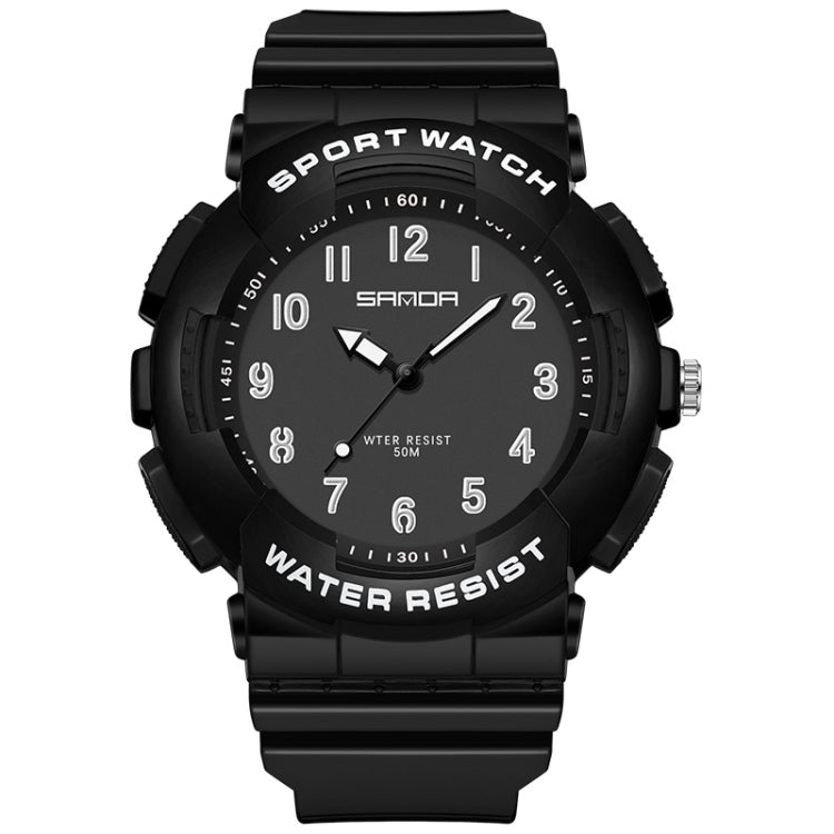 Black round sporty waterproof student watch with luminous dark dial and silicone strap