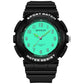 Black round sporty waterproof watch with green luminous dial and metal side knob