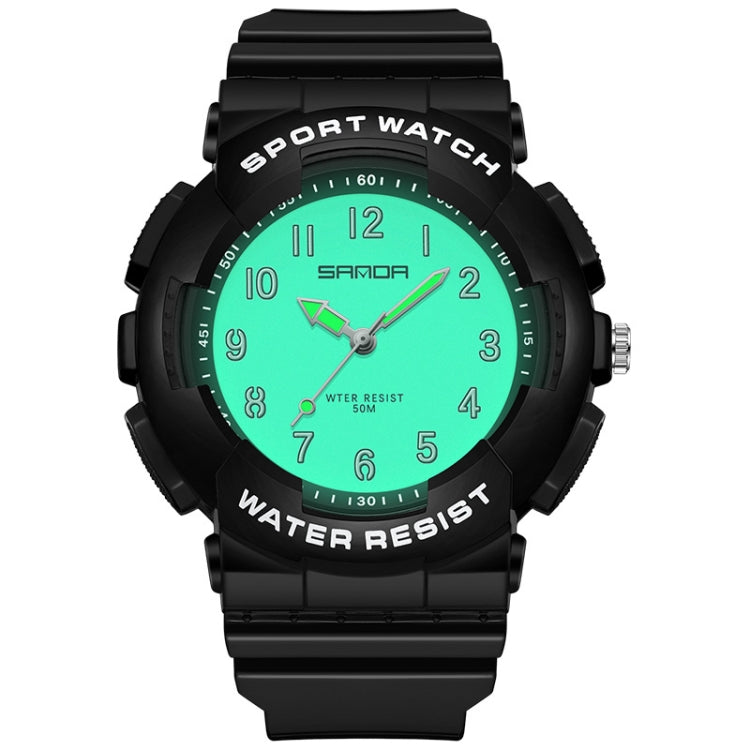 Black round sporty waterproof watch with green luminous dial and metal side knob