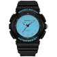 Black round sporty waterproof watch with teal luminous dial and silver hands