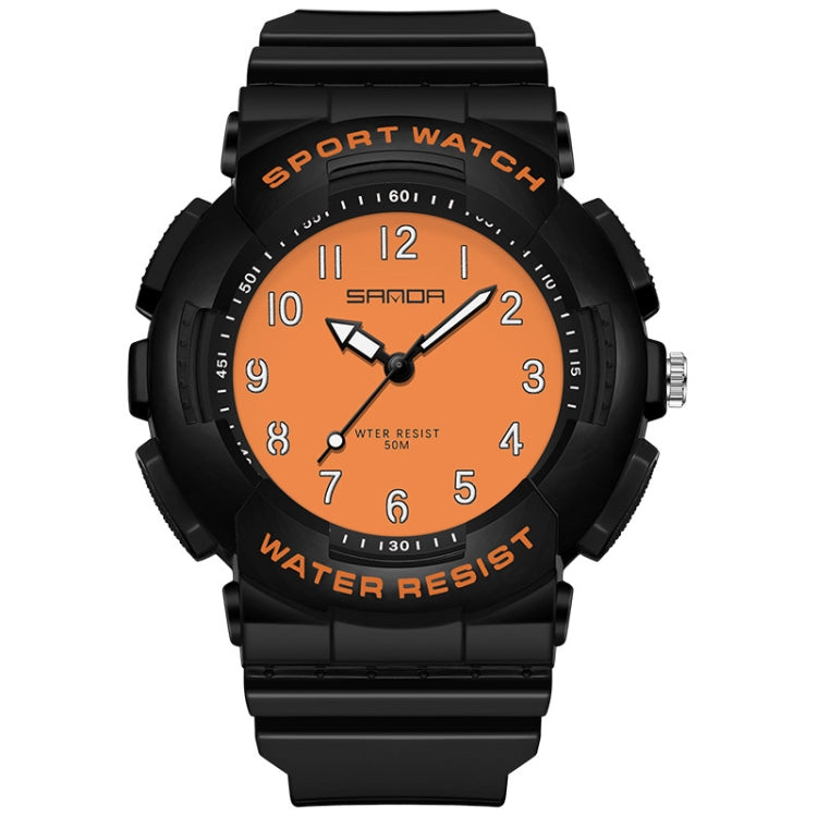 Sport watch with black resin case and strap, orange dial, luminous hands, water-resistant.