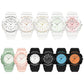 Set of sport watches with white, green, pink, black, blue and orange dials on resin bands.