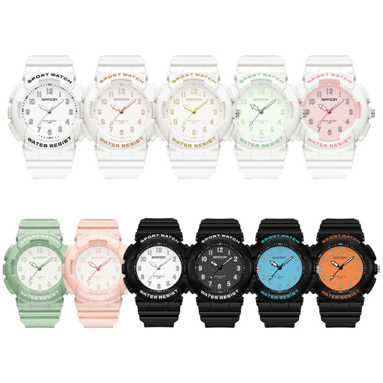 Set of sport watches with white, green, pink, black, blue and orange dials on resin bands.