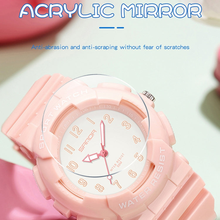 Scratch-resistant acrylic mirror watch face with anti-abrasion protection.