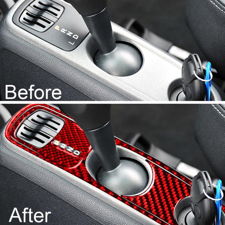 Gearshift console trim sticker showing red carbon-fiber overlay on the shifter area