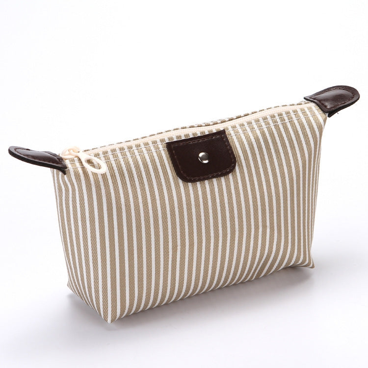 Beige striped folding cosmetic bag with zipper and brown leather-look trim