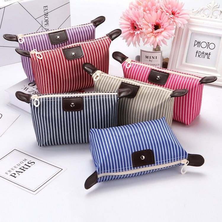 Set of striped folding cosmetic bags in multiple colors with zipper closures