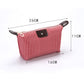 Compact red striped folding toiletry bag with zipper and brown leather-look trim