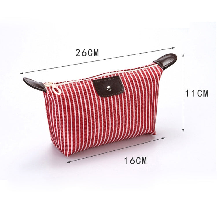 Compact red striped folding toiletry bag with zipper and brown leather-look trim