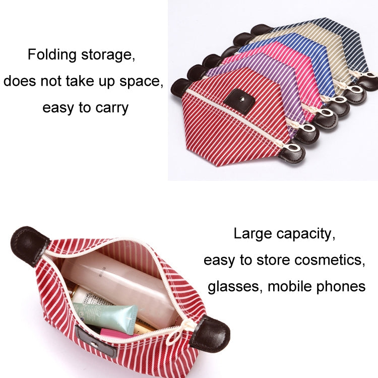 Opened red striped folding cosmetic bag showing interior compartments and zipper