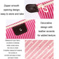 Red striped cosmetic bag close-up with smooth zipper and leather-look accent patch