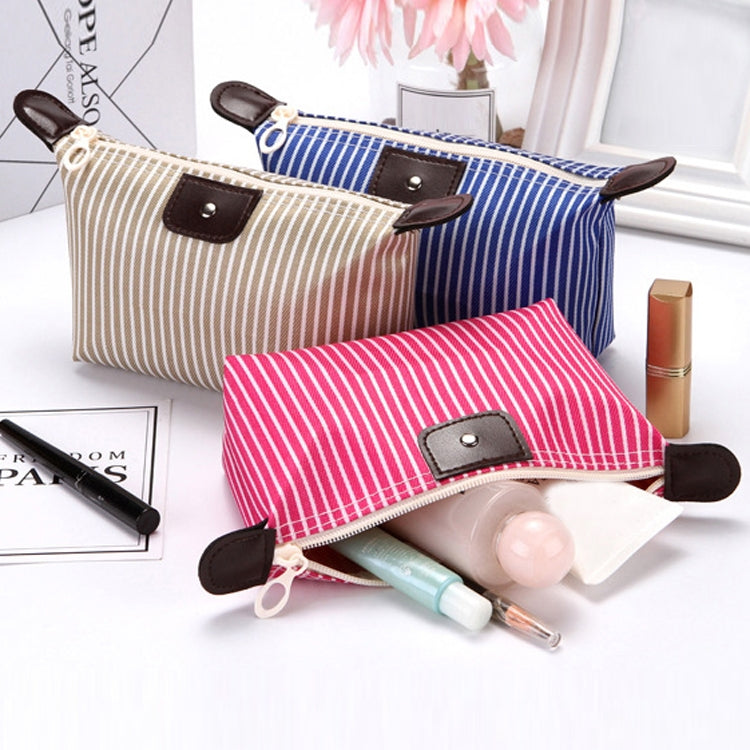 Stripes folding cosmetic bags in beige, blue, and red with zip closures