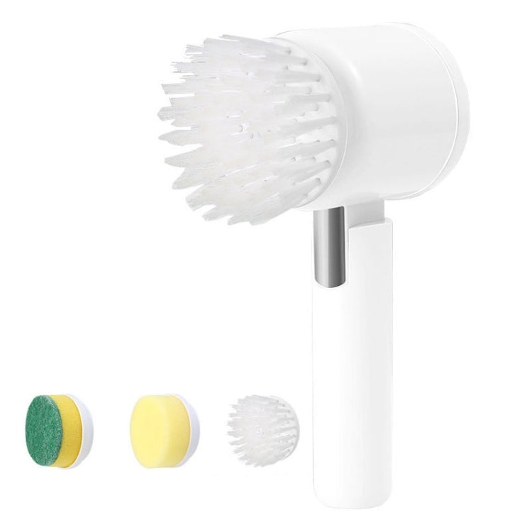 White handheld electric cleaning brush with round rotating bristle head attachment