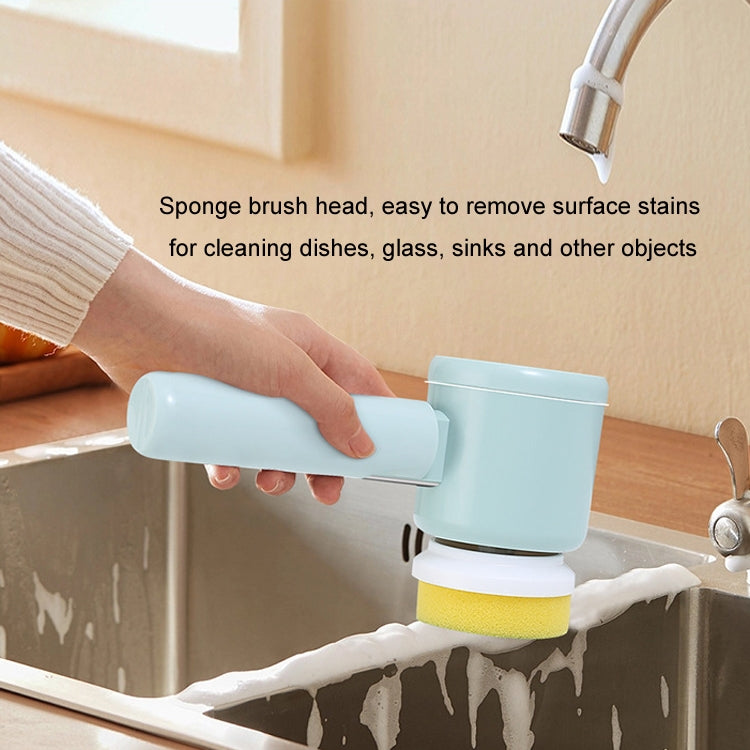 Handheld electric cleaning brush with detachable sponge head, blue handle and base