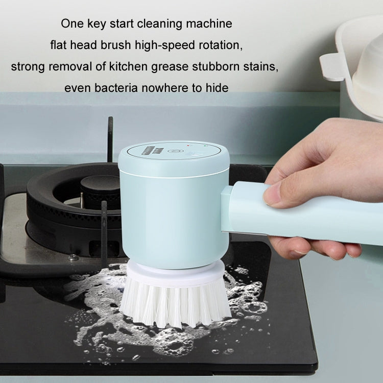 Handheld electric cleaning brush with rotating bristle head, blue body and hand grip
