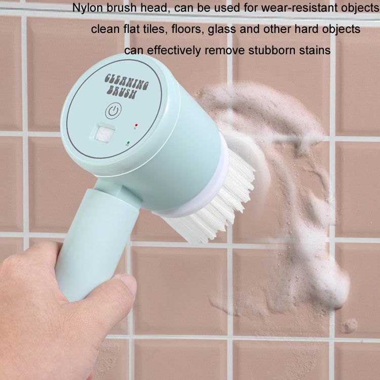 Handheld electric cleaning brush with nylon bristle head, blue body spraying foam