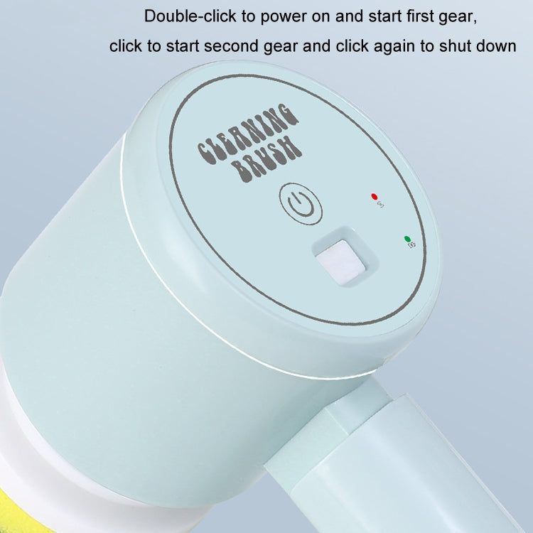 Light blue handheld electric cleaning brush control dial on round battery housing