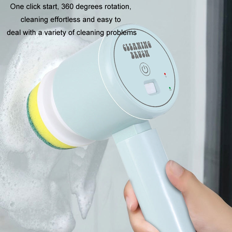Light blue handheld electric cleaning brush in use with rotating bristle head