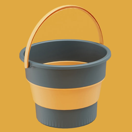 Deep blue foldable plastic bucket with wide handle, thick rim and base.