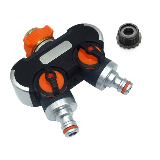 Two-outlet garden water divider valve with orange levers and metal connectors