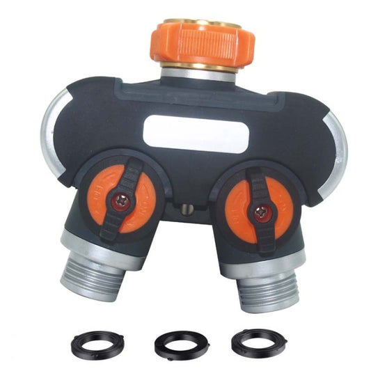 Two-outlet garden faucet splitter with orange control knobs and double outlets