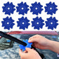 Blue universal wiper protective cover installed on windshield wiper arm, hands applying
