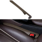 Brown car seat gap filler strip with red latch for console gap.