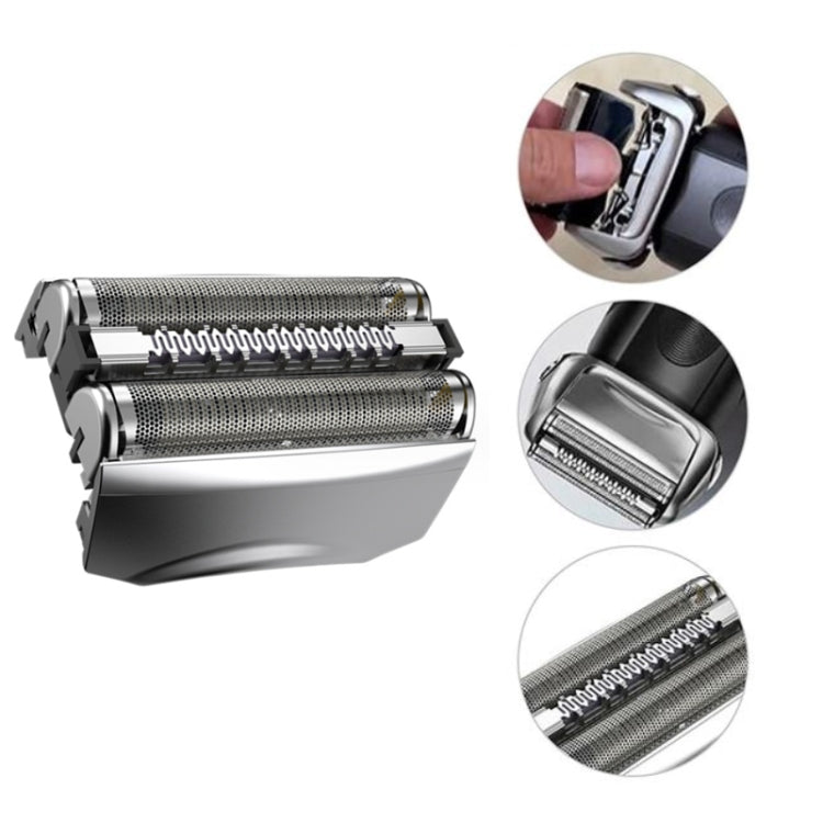 BRAUN electric shaver cutter head with close-up views of foil and cutting parts