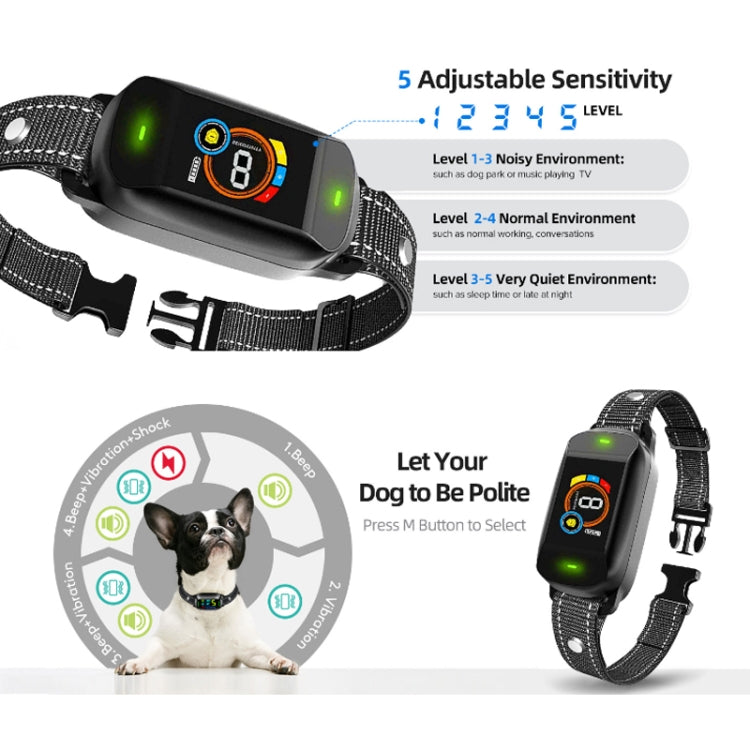 Smart bark training collar with lit display, sensitivity levels, and mesh strap