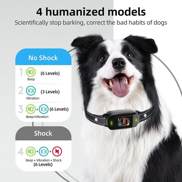 Anti-barking dog collar with black control unit, green light indicators, woven mesh strap