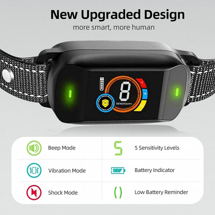 Upgraded smart dog training collar with black control pod, green indicators, woven mesh strap
