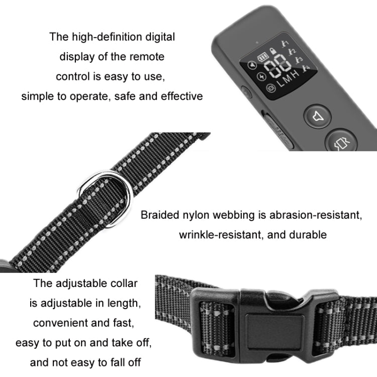 Black remote control with digital display and braided nylon collar webbing