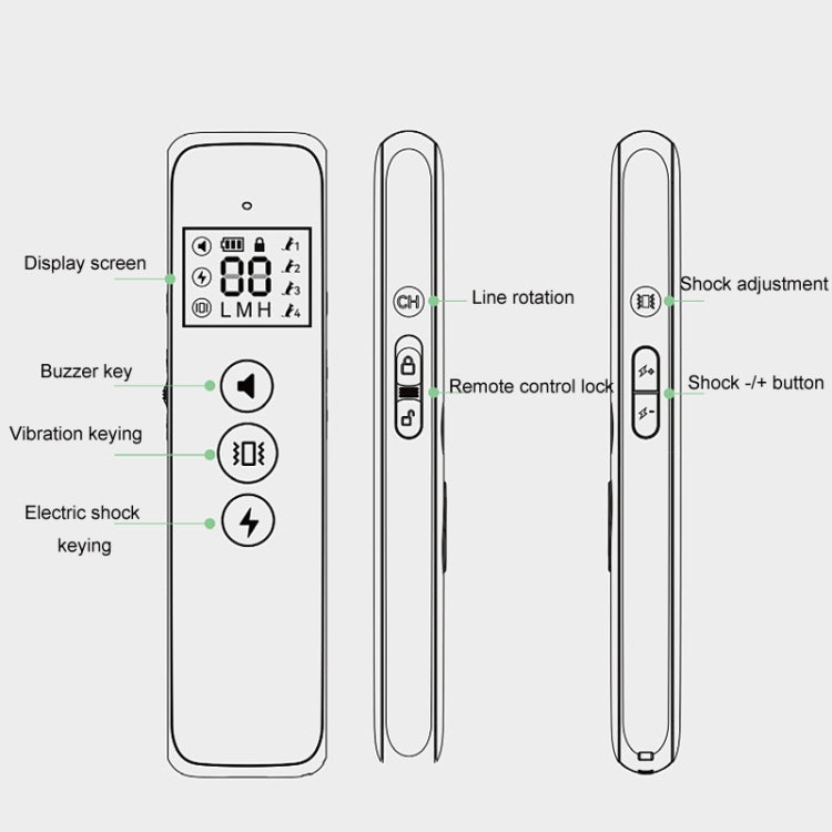 Dog shock remote control with screen, buttons, line rotation, and shock adjustment