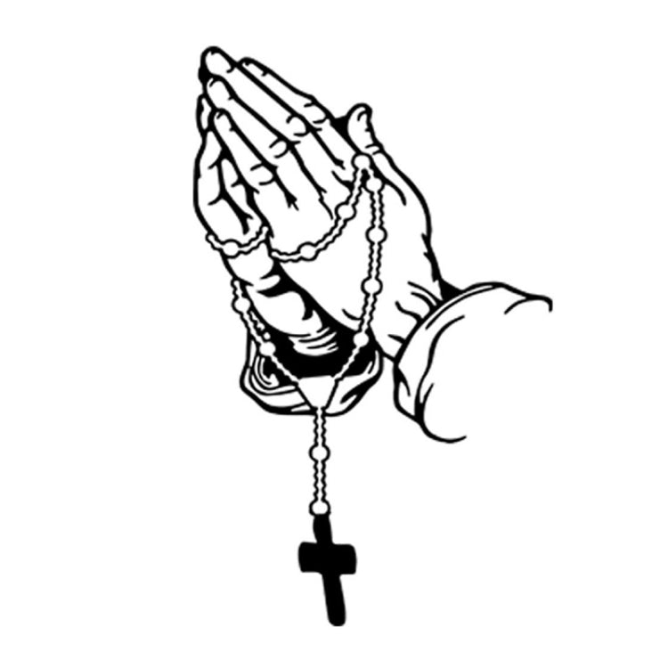 Praying hands car sticker with rosary beads and cross, black-and-white outline