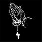 Praying hands car sticker with rosary beads and cross, high-contrast white outline