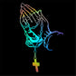 Colorful glowing praying hands car sticker with rosary beads and cross detail