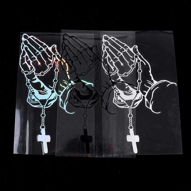 Pack of praying hands car stickers with rosary beads and cross, assorted color variants
