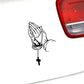 Praying hands car sticker with rosary beads and cross, black outline