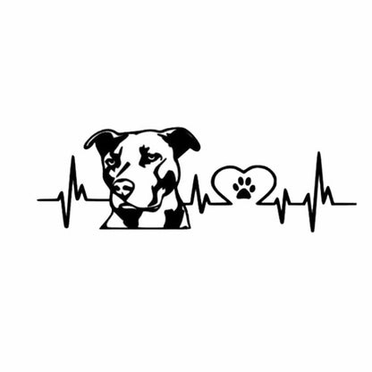 Car decal sticker with black pitbull face, paw print, and heartbeat line