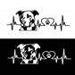 Pitbull face car decal with paw print and heartbeat line, black-and-white style