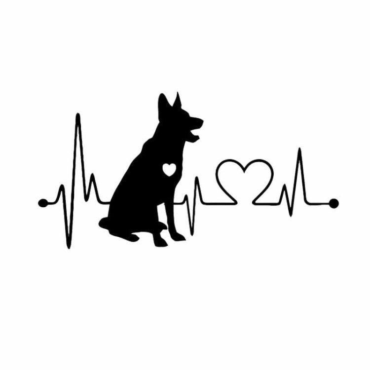 Black German shepherd cartoon car sticker with heart and heartbeat line