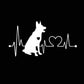 White German shepherd cartoon car sticker with heart and heartbeat line