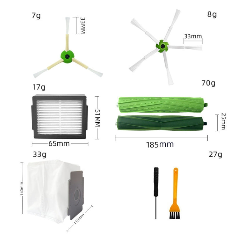 Robot vacuum accessory set components: side brushes, main filter, and roller brushes