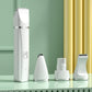 White electric pet hair clipper with several attachment heads and base